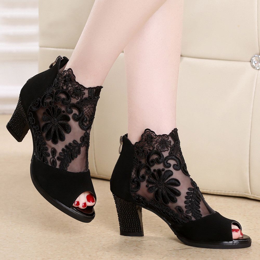 Large size women's mesh fish mouth high heels sandals ankle high heels thick heels lace fish mouth women's sandals