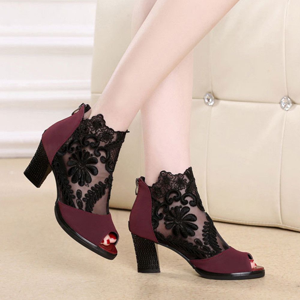 Large size women's mesh fish mouth high heels sandals ankle high heels thick heels lace fish mouth women's sandals