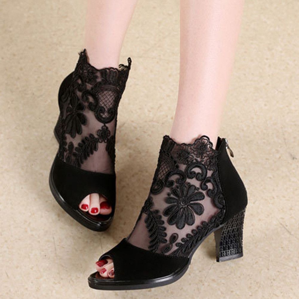 Large size women's mesh fish mouth high heels sandals ankle high heels thick heels lace fish mouth women's sandals