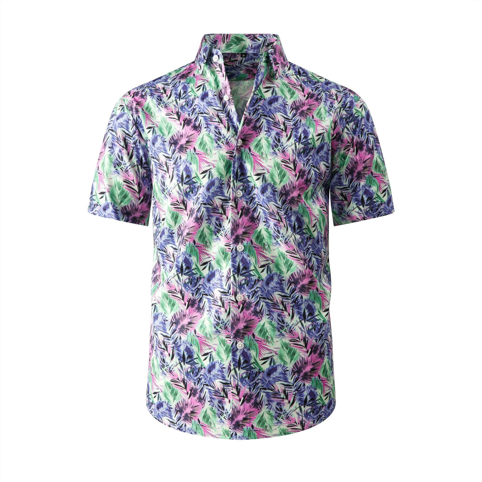 Large men's breathable wrinkle resistant short sleeved shirt, Hawaiian beach shirt, casual stretch ice silk cool men's short sleeved shirt, men's clothing
