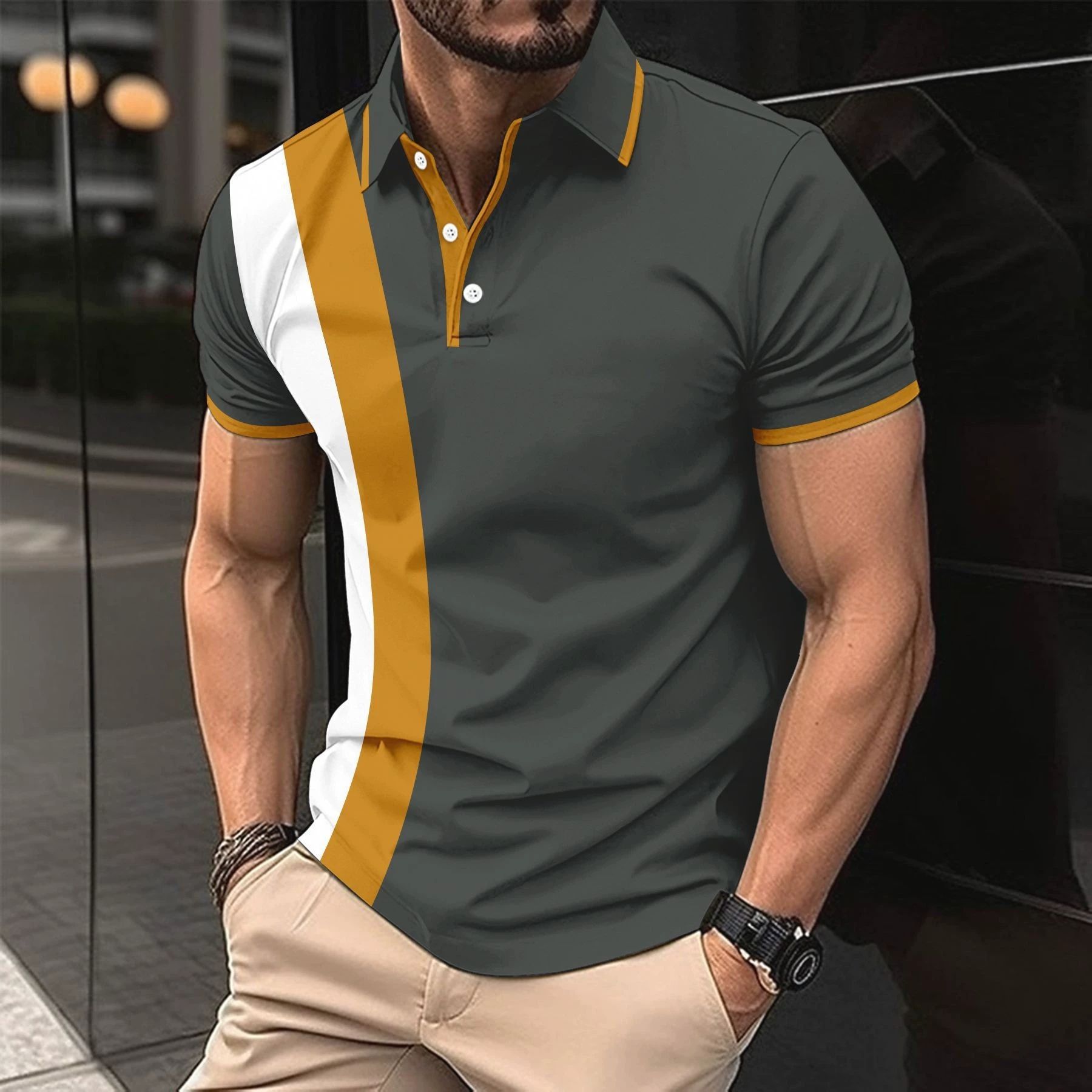 Men's casual breathable lapel T-shirt new button polo shirt business color blocked versatile men's clothing