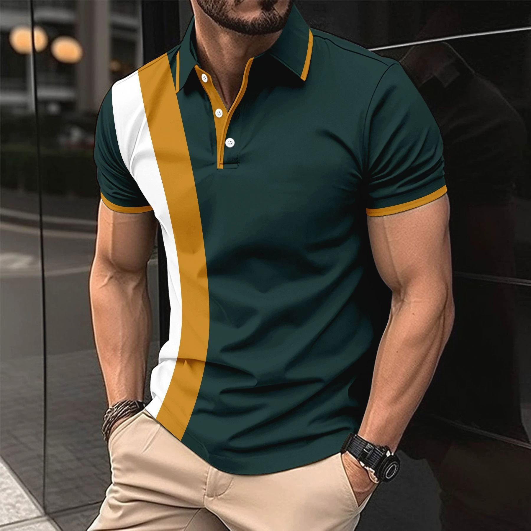 Men's casual breathable lapel T-shirt new button polo shirt business color blocked versatile men's clothing