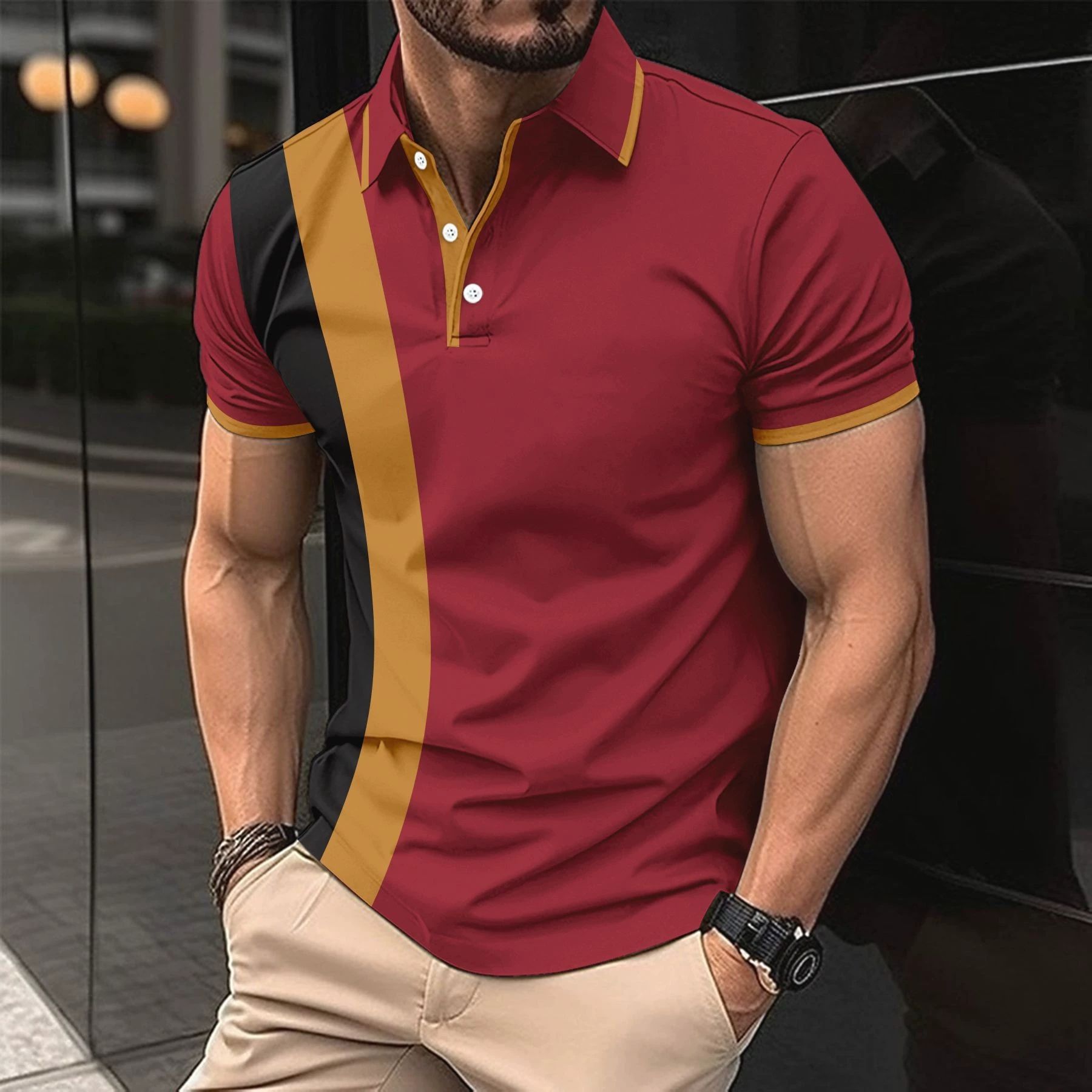 Men's casual breathable lapel T-shirt new button polo shirt business color blocked versatile men's clothing