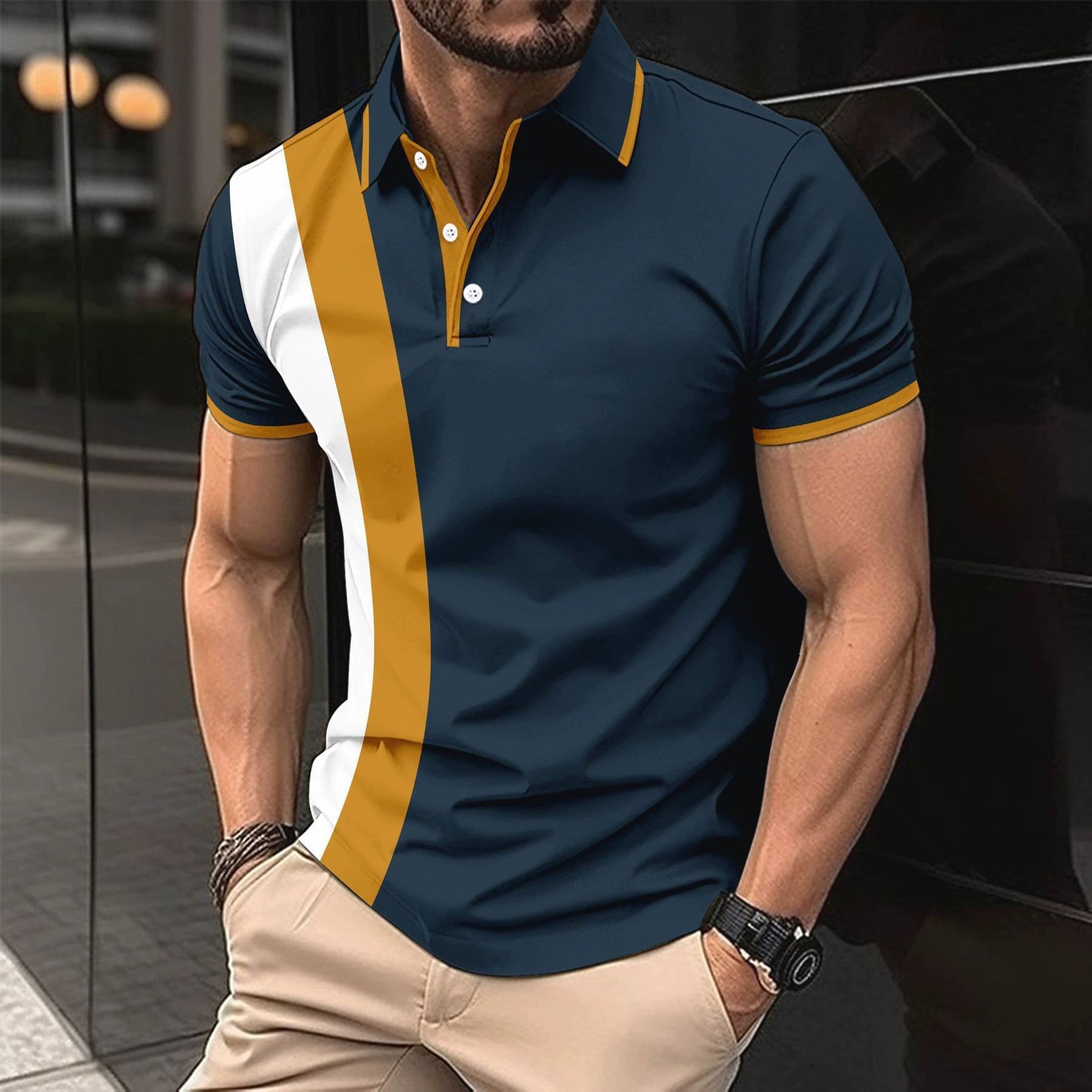 Men's casual breathable lapel T-shirt new button polo shirt business color blocked versatile men's clothing