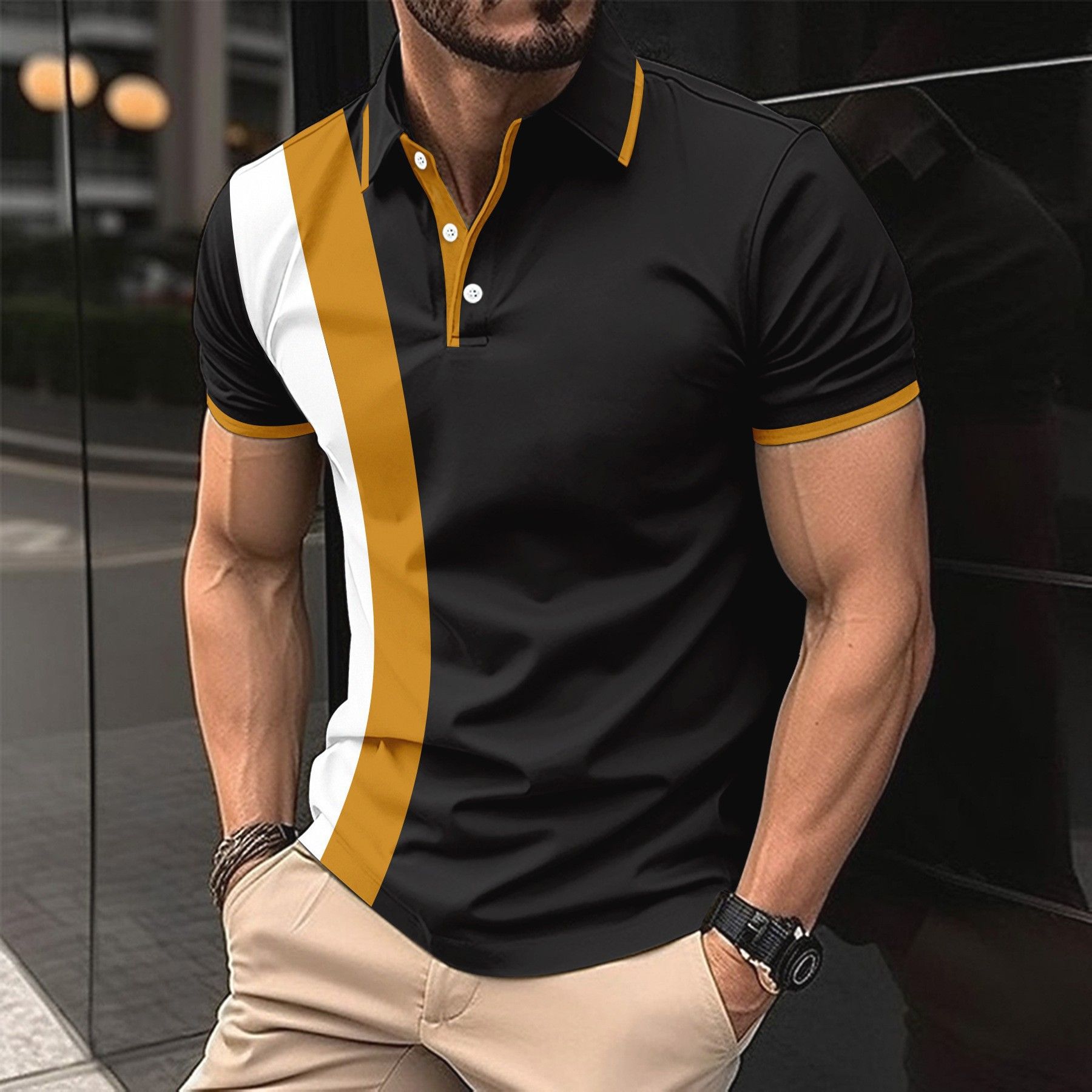 Men's casual breathable lapel T-shirt new button polo shirt business color blocked versatile men's clothing