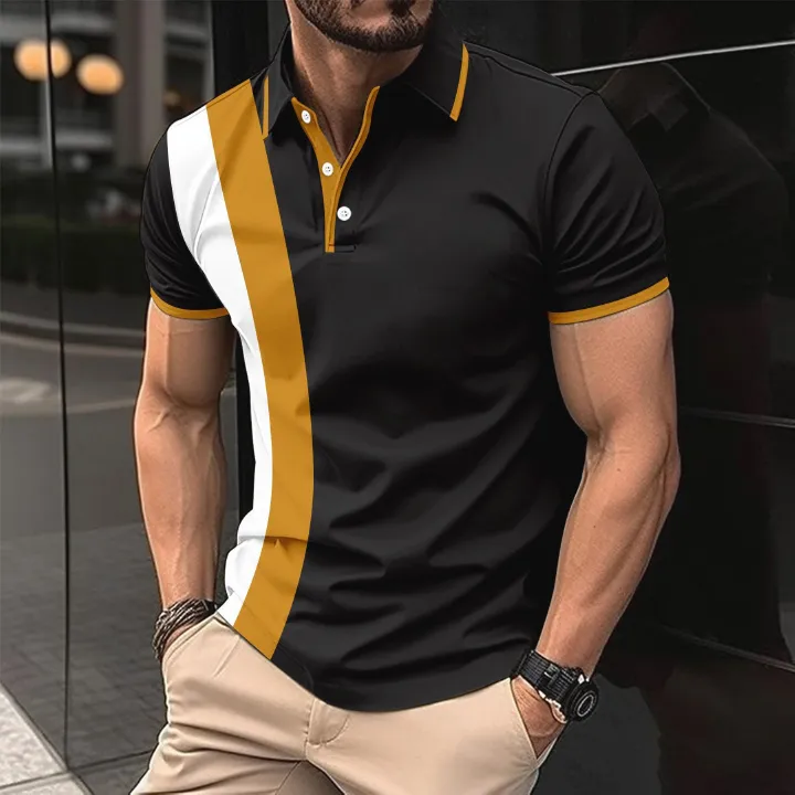 Men's casual breathable lapel T-shirt new button polo shirt business color blocked versatile men's clothing