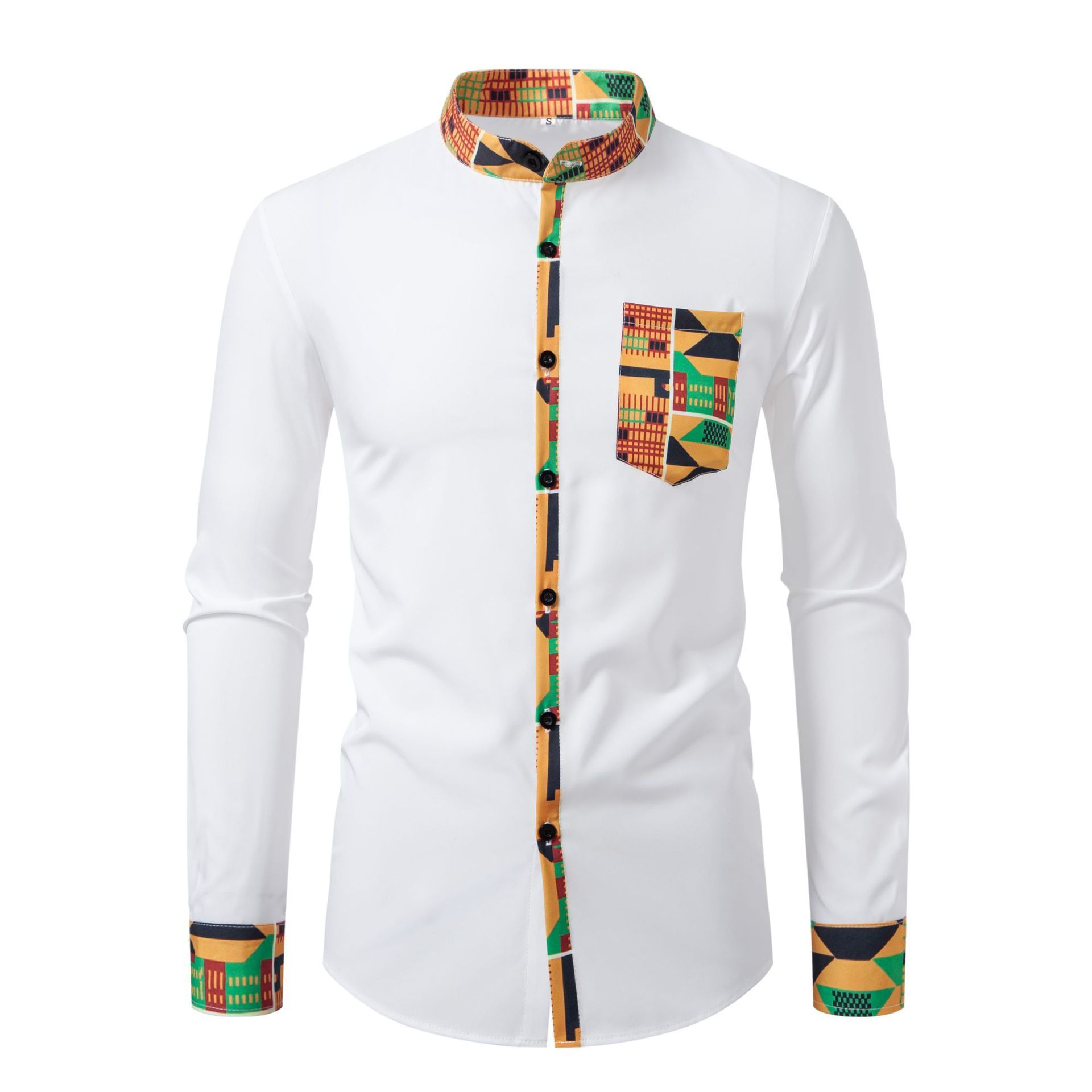 Spring and Autumn Men's Wear resistant Long sleeved Shirt Fashion Digital Printed Long sleeved Flower Pocket Cardigan Stand up Collar Shirt Men's Wear