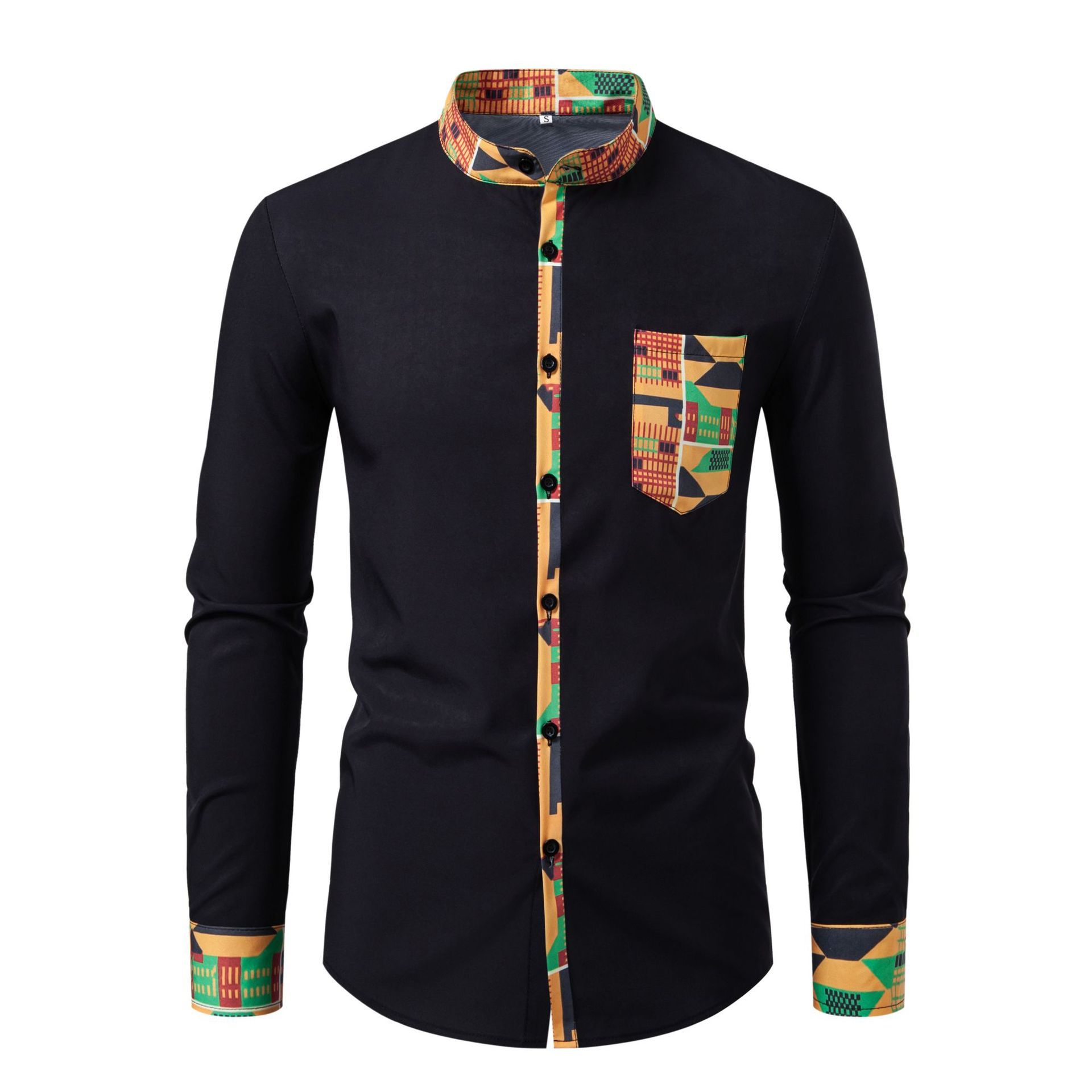 Spring and Autumn Men's Wear resistant Long sleeved Shirt Fashion Digital Printed Long sleeved Flower Pocket Cardigan Stand up Collar Shirt Men's Wear