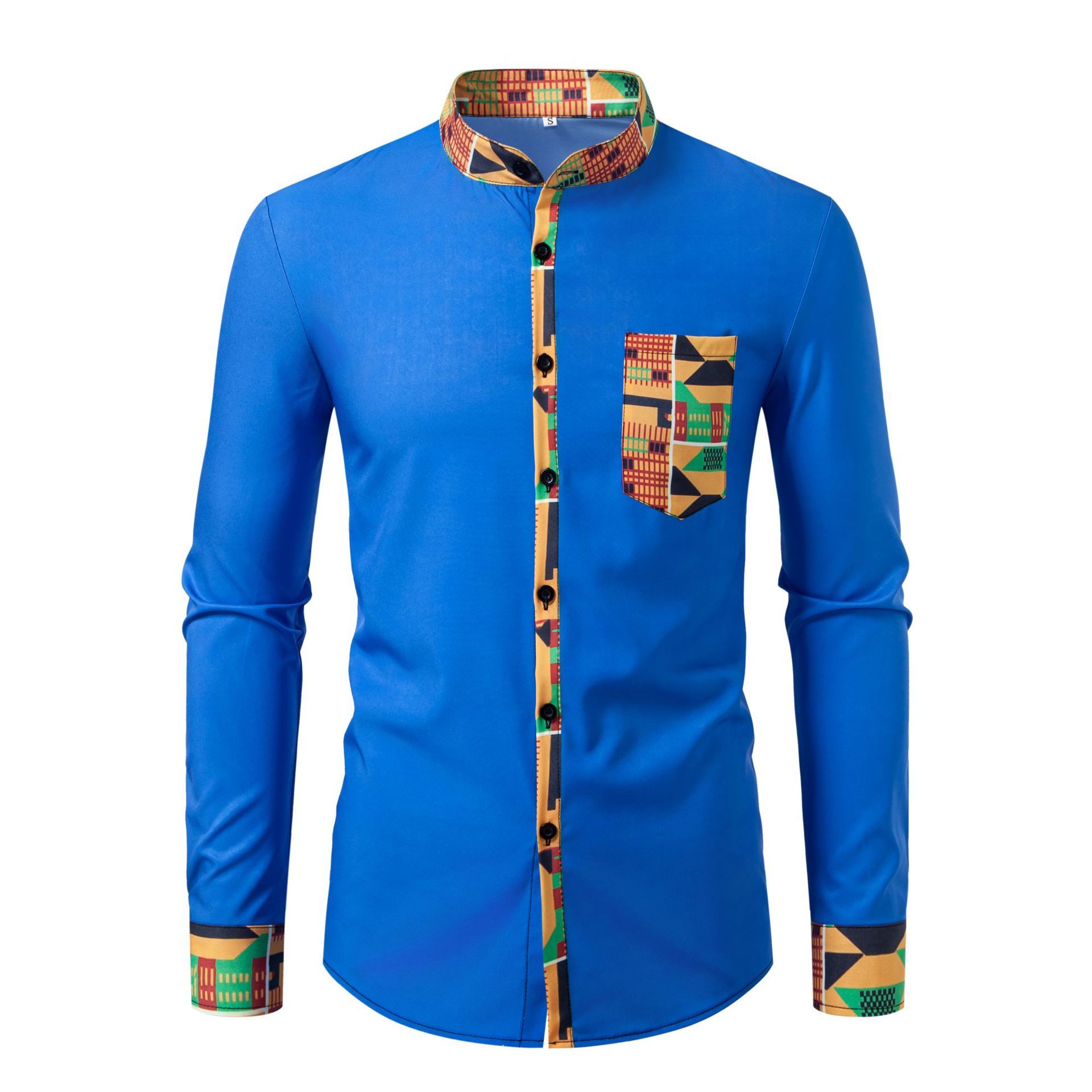 Spring and Autumn Men's Wear resistant Long sleeved Shirt Fashion Digital Printed Long sleeved Flower Pocket Cardigan Stand up Collar Shirt Men's Wear
