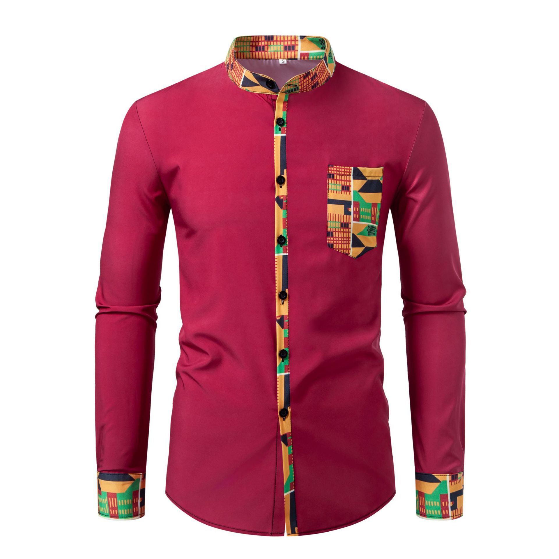 Spring and Autumn Men's Wear resistant Long sleeved Shirt Fashion Digital Printed Long sleeved Flower Pocket Cardigan Stand up Collar Shirt Men's Wear