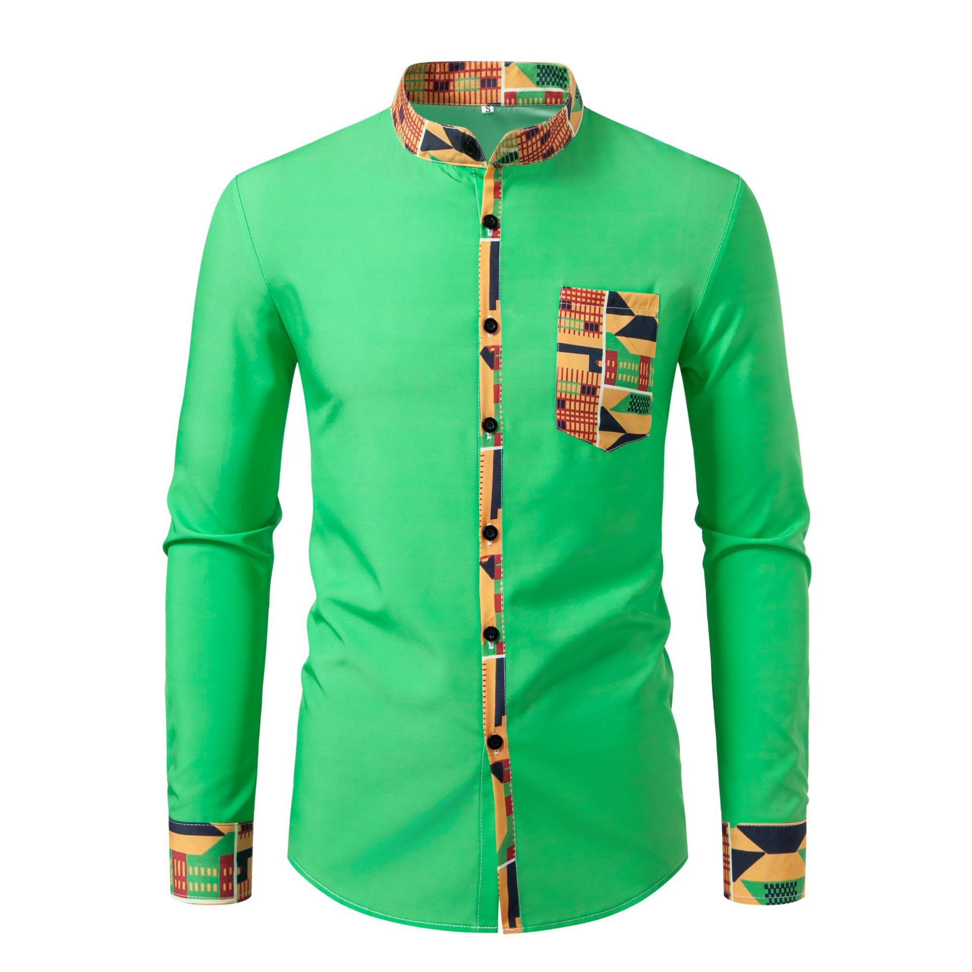Spring and Autumn Men's Wear resistant Long sleeved Shirt Fashion Digital Printed Long sleeved Flower Pocket Cardigan Stand up Collar Shirt Men's Wear
