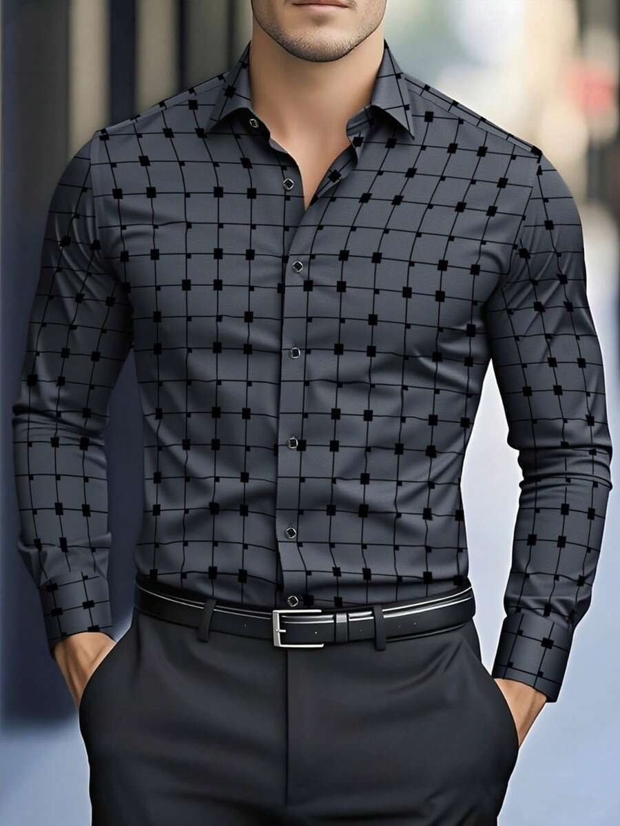 Spring and Autumn Men's Checkered Long Sleeve Shirt Printed Long Sleeve Cardigan Flip Collar Men's Wear