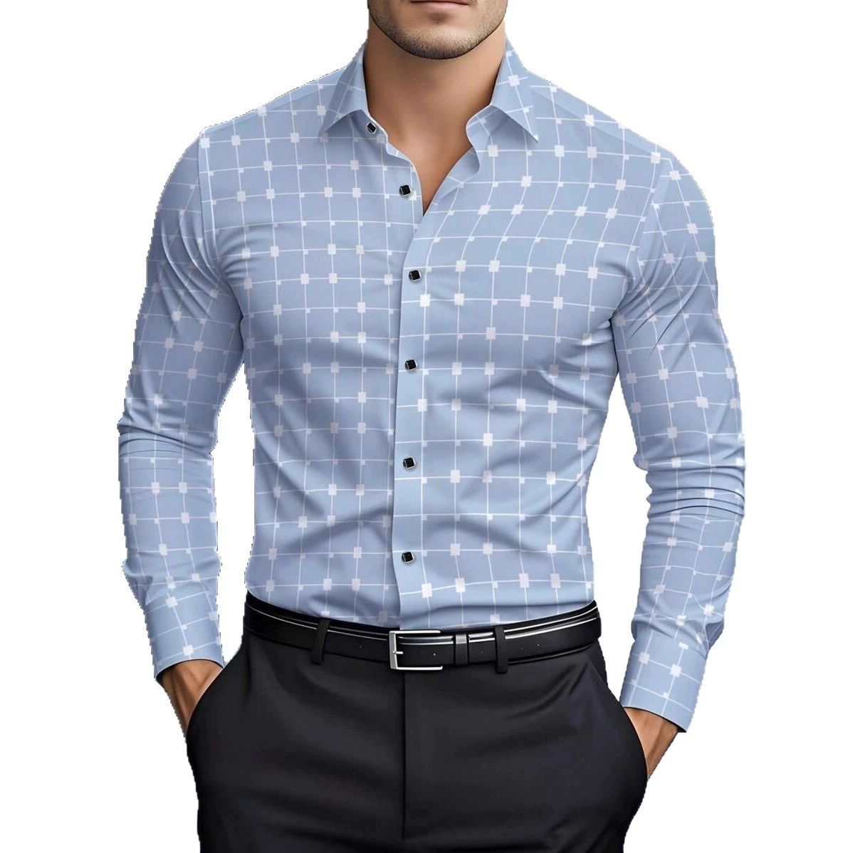 Spring and Autumn Men's Checkered Long Sleeve Shirt Printed Long Sleeve Cardigan Flip Collar Men's Wear