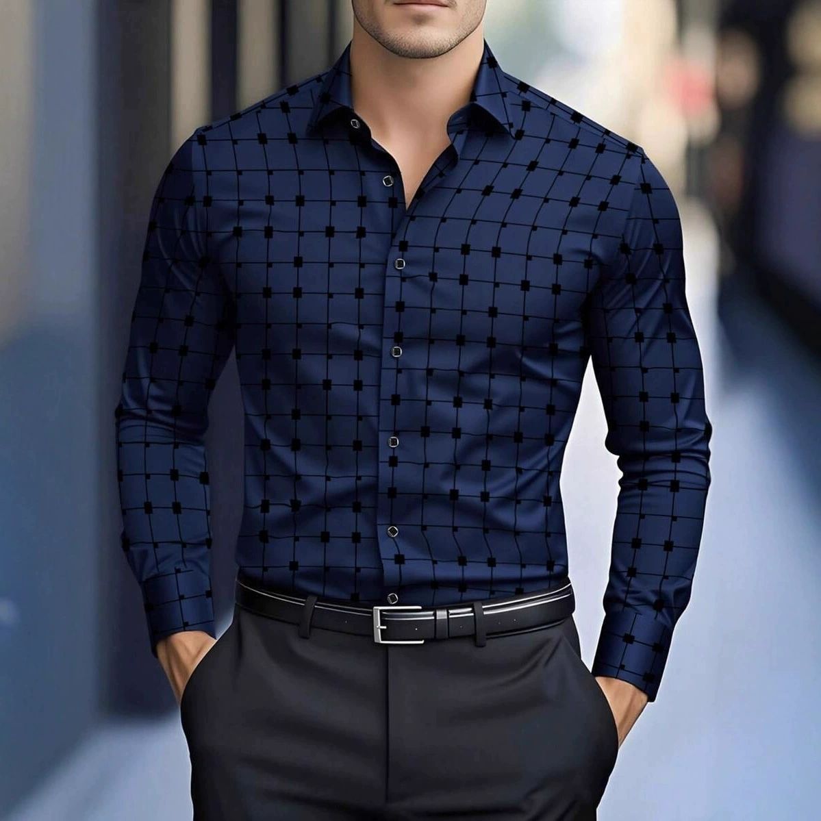Spring and Autumn Men's Checkered Long Sleeve Shirt Printed Long Sleeve Cardigan Flip Collar Men's Wear