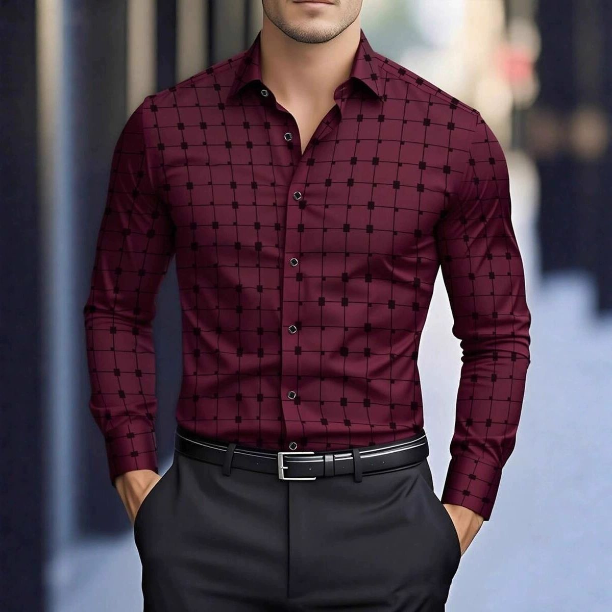 Spring and Autumn Men's Checkered Long Sleeve Shirt Printed Long Sleeve Cardigan Flip Collar Men's Wear