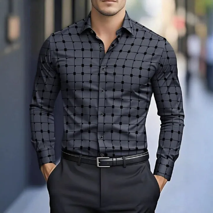 Spring and Autumn Men's Checkered Long Sleeve Shirt Printed Long Sleeve Cardigan Flip Collar Men's Wear