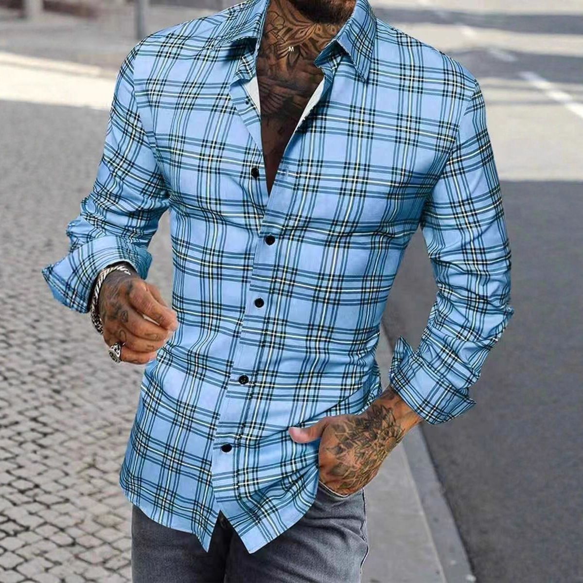 Spring and Autumn Men's Checkered Long Sleeve Shirt Printed Long Sleeve Cardigan Flip Collar Men's Wear