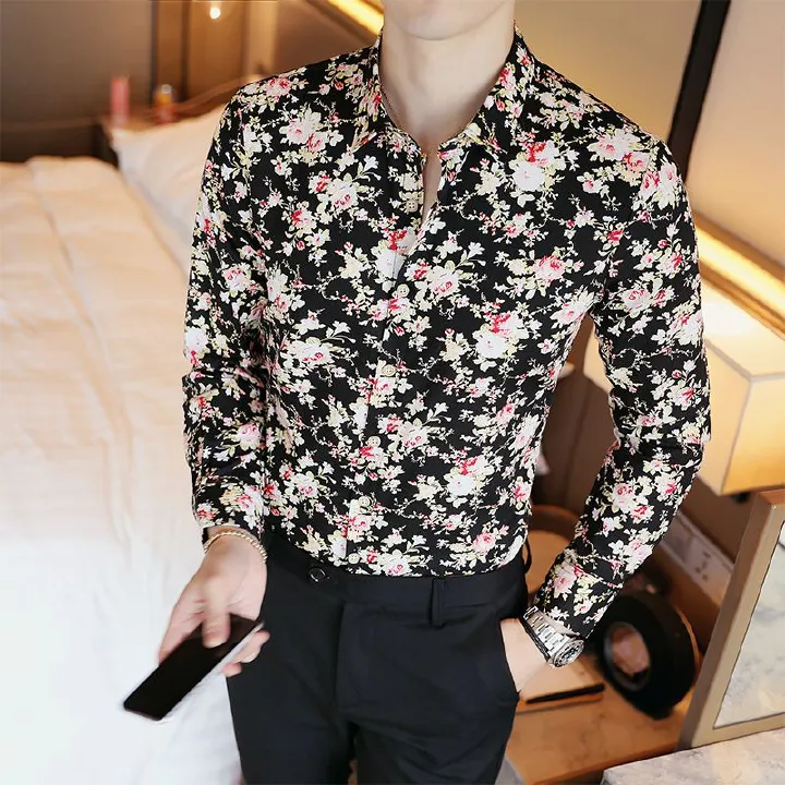 Fashionable men's casual long sleeved shirt printed shirt long sleeved floral shirt plus size men's clothing