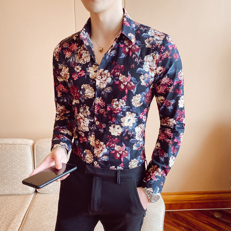 Fashionable men's casual long sleeved shirt printed shirt long sleeved floral shirt plus size men's clothing
