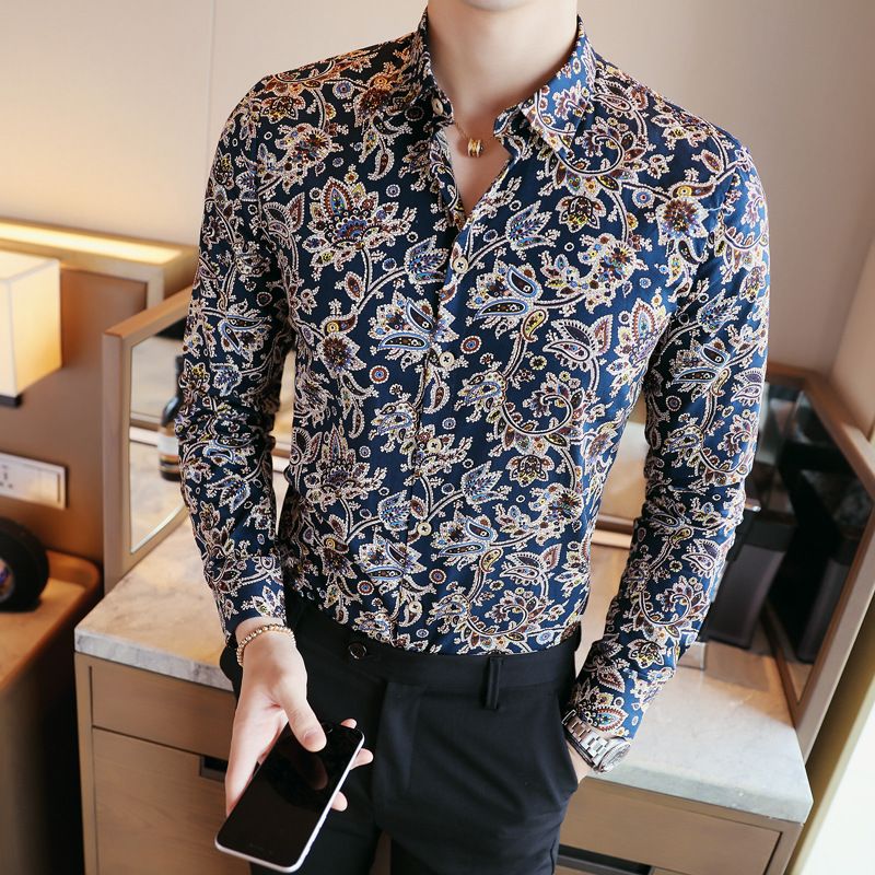 Fashionable men's casual long sleeved shirt printed shirt long sleeved floral shirt plus size men's clothing