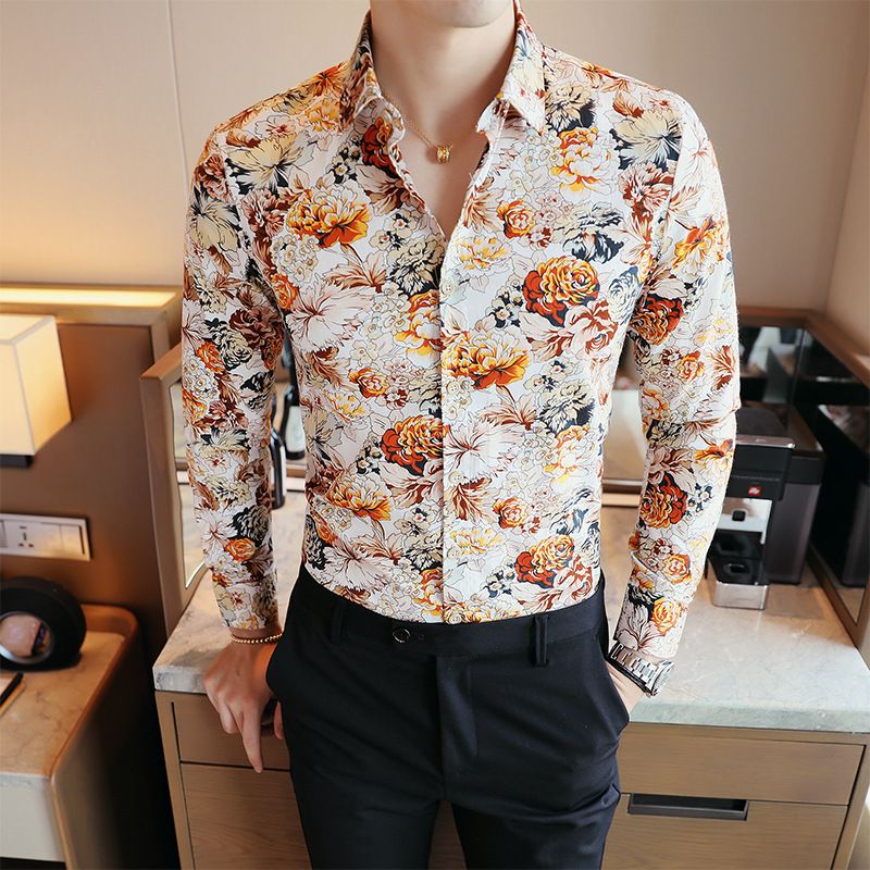 Fashionable men's casual long sleeved shirt printed shirt long sleeved floral shirt plus size men's clothing