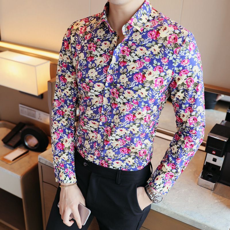 Fashionable men's casual long sleeved shirt printed shirt long sleeved floral shirt plus size men's clothing