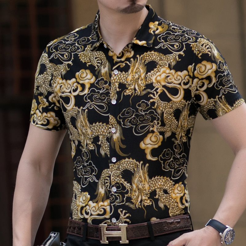 New men's summer business short sleeved shirt with fashionable retro printed short sleeved shirt for men's wear