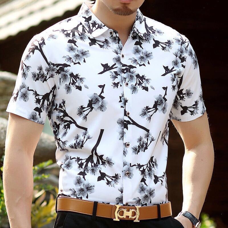 New men's summer business short sleeved shirt with fashionable retro printed short sleeved shirt for men's wear