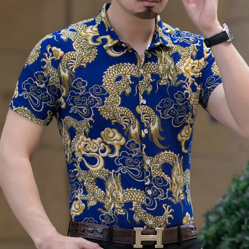 New men's summer business short sleeved shirt with fashionable retro printed short sleeved shirt for men's wear