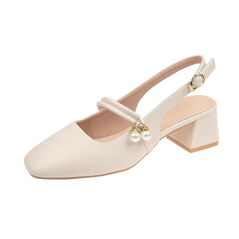 New Summer Arrival: Women’s Open-Toe Sandals with Open Back – Fairy-Style Design, Perfect with Skirts – Chunky-Heeled French Pearl Pumps