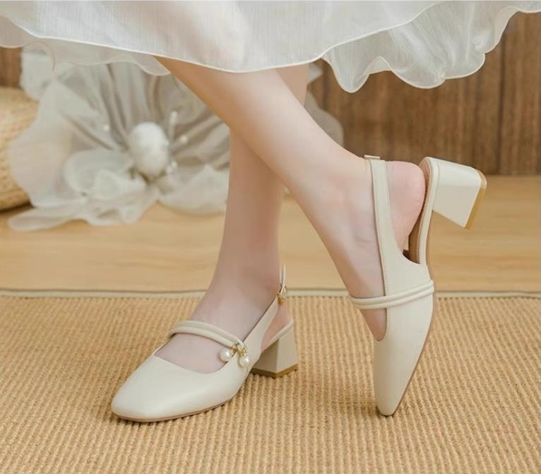 New Summer Arrival: Women’s Open-Toe Sandals with Open Back – Fairy-Style Design, Perfect with Skirts – Chunky-Heeled French Pearl Pumps