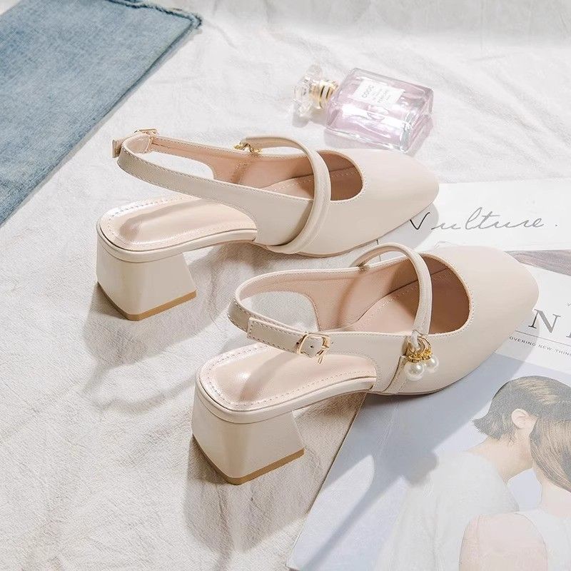 New Summer Arrival: Women’s Open-Toe Sandals with Open Back – Fairy-Style Design, Perfect with Skirts – Chunky-Heeled French Pearl Pumps