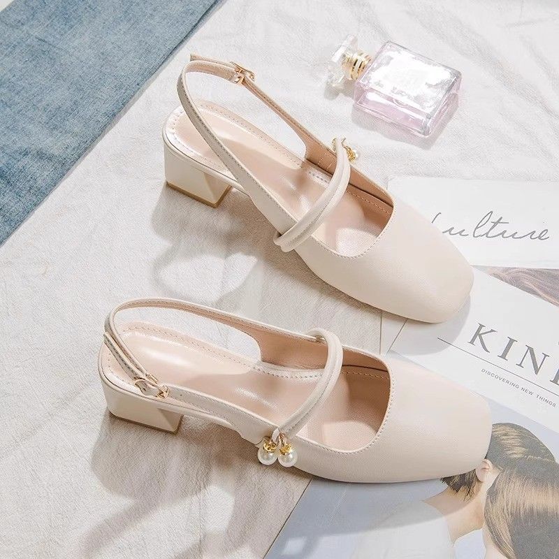 New Summer Arrival: Women’s Open-Toe Sandals with Open Back – Fairy-Style Design, Perfect with Skirts – Chunky-Heeled French Pearl Pumps