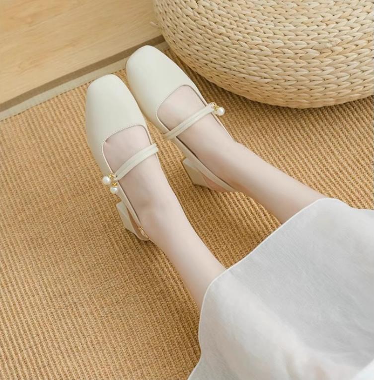 New Summer Arrival: Women’s Open-Toe Sandals with Open Back – Fairy-Style Design, Perfect with Skirts – Chunky-Heeled French Pearl Pumps