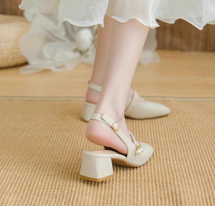 New Summer Arrival: Women’s Open-Toe Sandals with Open Back – Fairy-Style Design, Perfect with Skirts – Chunky-Heeled French Pearl Pumps