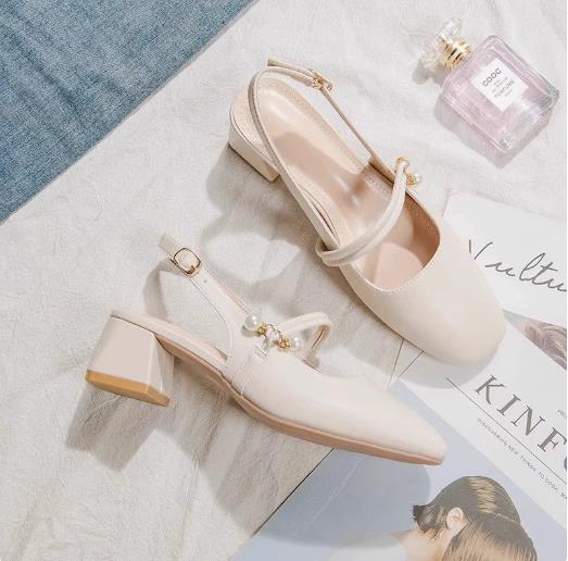 New Summer Arrival: Women’s Open-Toe Sandals with Open Back – Fairy-Style Design, Perfect with Skirts – Chunky-Heeled French Pearl Pumps