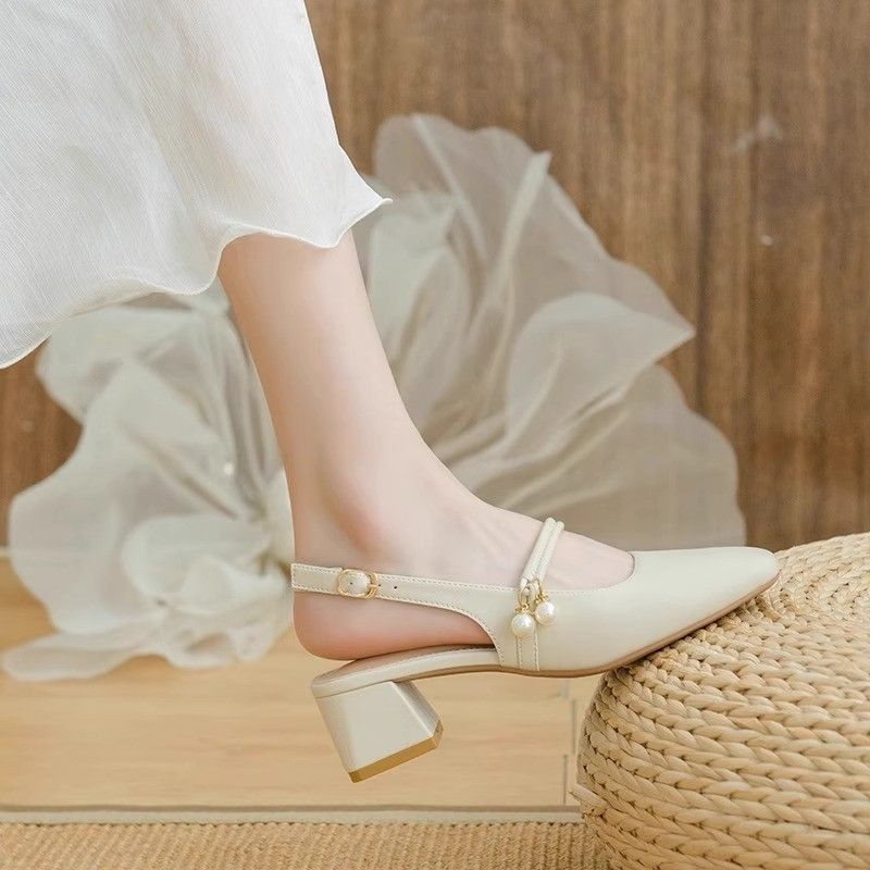 New Summer Arrival: Women’s Open-Toe Sandals with Open Back – Fairy-Style Design, Perfect with Skirts – Chunky-Heeled French Pearl Pumps
