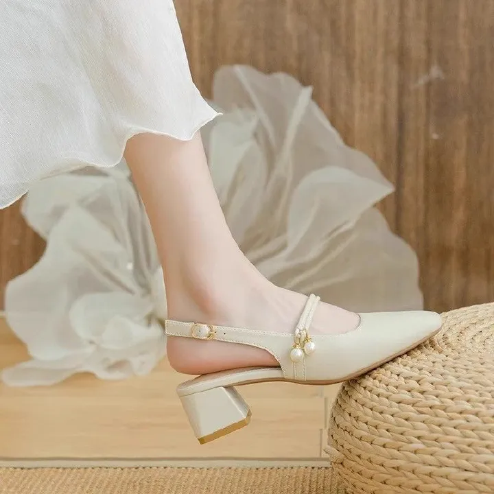 New Summer Arrival: Women’s Open-Toe Sandals with Open Back – Fairy-Style Design, Perfect with Skirts – Chunky-Heeled French Pearl Pumps