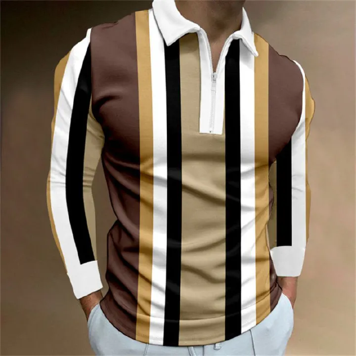 Spring new men's zipper casual long sleeved T-shirt slim fit men's sports collar shirt polo shirt men's clothing