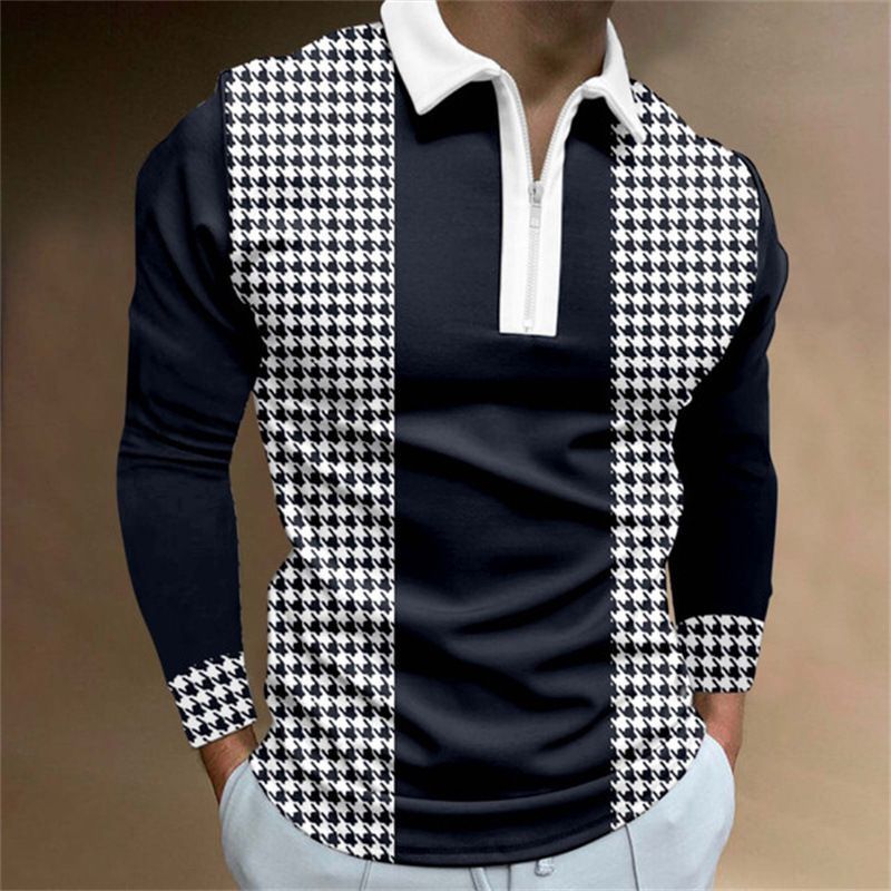 Spring new men's zipper casual long sleeved T-shirt slim fit men's sports collar shirt polo shirt men's clothing