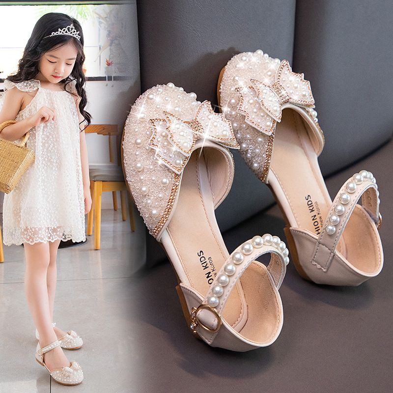 Summer children's breathable and non slip sandals, bow pearl children's shoes, girls' princess shoes, sandals, little girls' single shoes