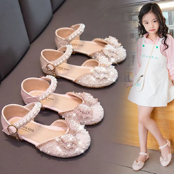 Summer children's breathable and non slip sandals, bow pearl children's shoes, girls' princess shoes, sandals, little girls' single shoes