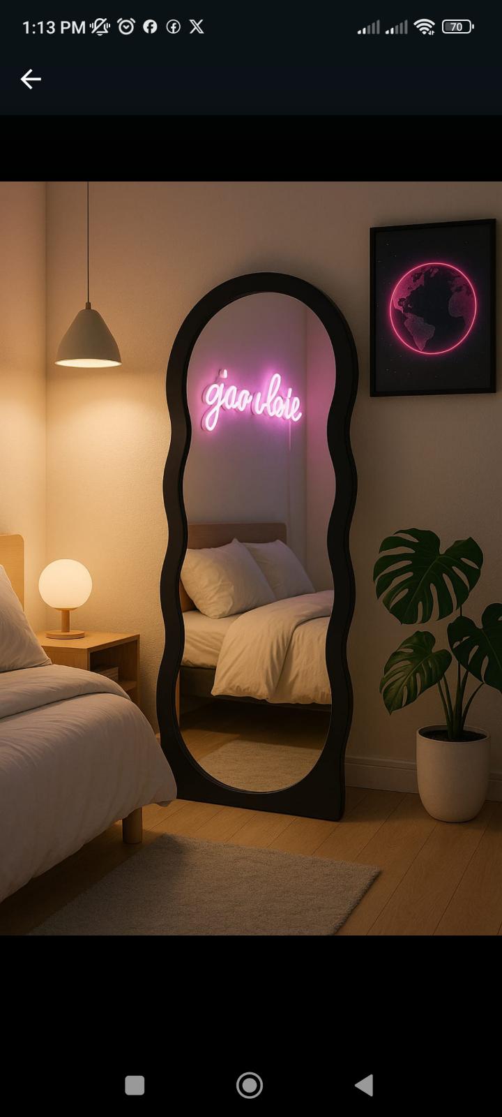 Custom Wave-Edge Black  Full Length Mirror 183 by 60 cm(own stand)