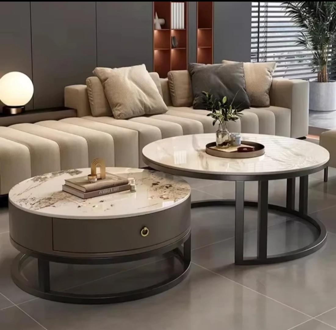 Modern Marble Top Nesting Coffee Table Set (2-Piece) with drawer