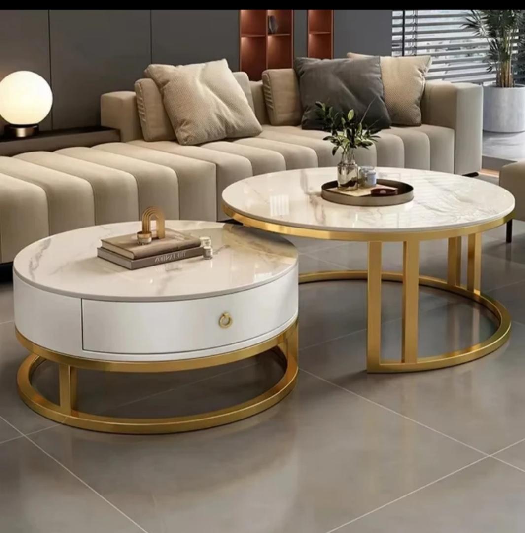 Modern Marble Top Nesting Coffee Table Set (2-Piece) with drawer
