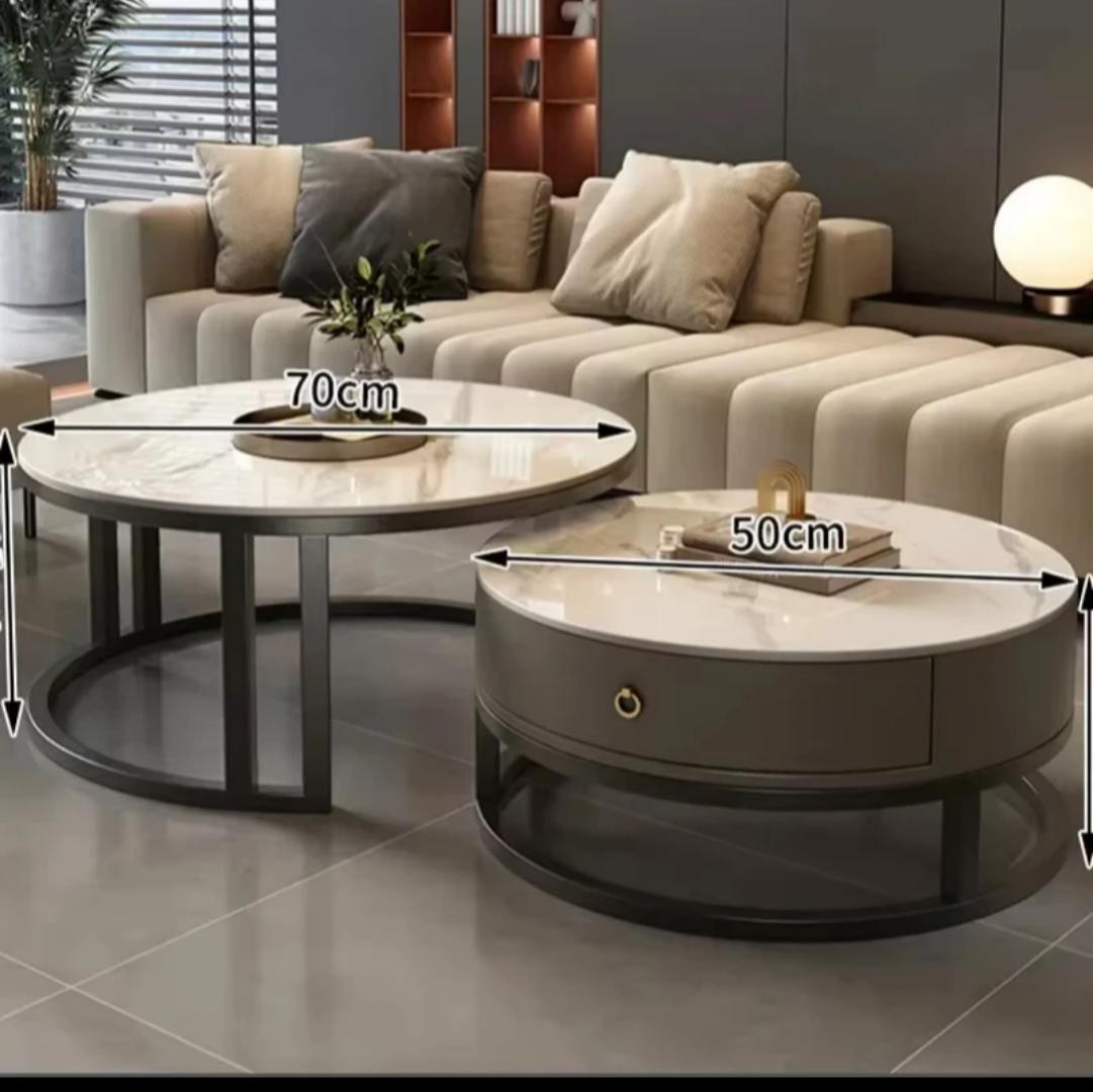Modern Marble Top Nesting Coffee Table Set (2-Piece) with drawer