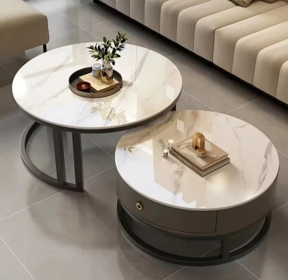Modern Marble Top Nesting Coffee Table Set (2-Piece) with drawer