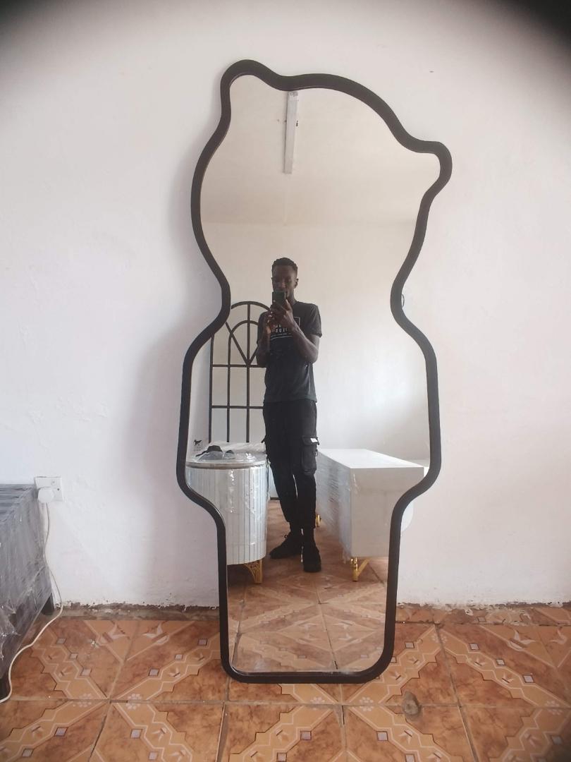 “Modern Irregular Full-Length Dressing Mirror with Black Frame”+own stand
