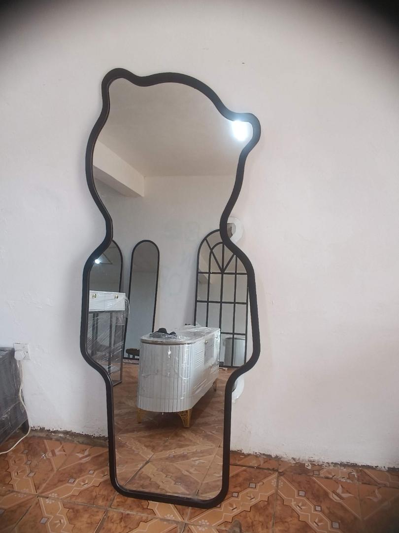 “Modern Irregular Full-Length Dressing Mirror with Black Frame”+own stand