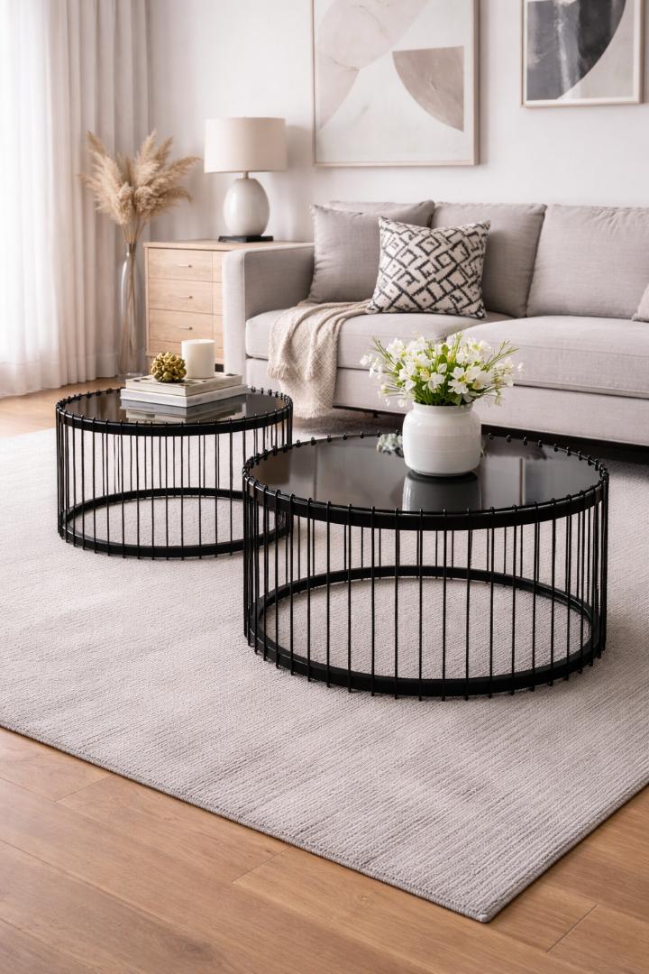 Modern Round Black Wire Frame Nesting Coffee Table Set of 2 – Smoked Glass Top